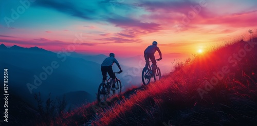 Bikers Navigating a Rocky Trail During Sunset in a Mountainous Landscape
