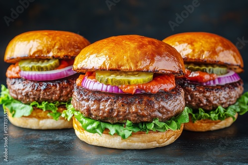 Delicious Gourmet Burgers With Fresh Toppings Ready to Be Enjoyed at a Summer...