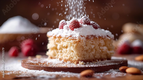 A delicious slice of vanilla cake topped with powdered sugar and fresh raspberries, set on a rustic wooden board.
