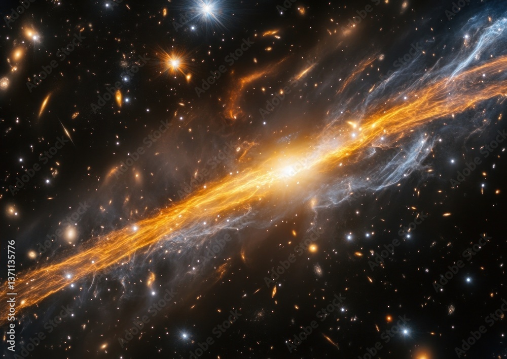 cosmic filament glowing with radiation, illuminated against a backdrop of distant galaxies and stars cosmic filament glowing with radiation, illuminated against a backdrop of distant galaxies and stars