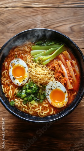 Warm and Flavorful Ramen Bowl With Fresh Toppings Served in a Cozy Restaurant...