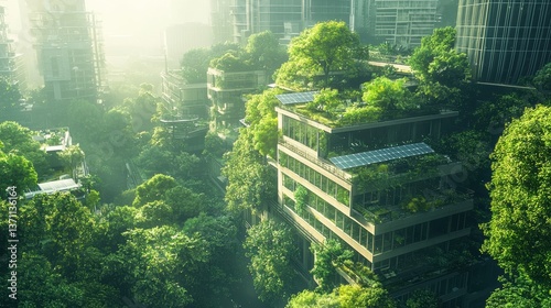 Sleek glass buildings harmonizing with greenery in a vibrant solarpunk city