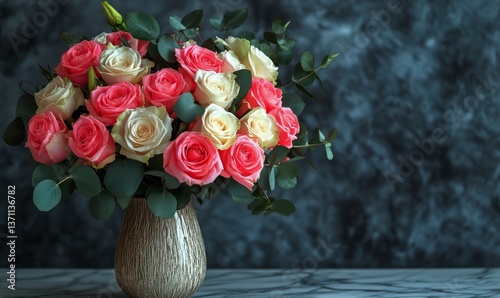 Beautiful Arrangement of Pink and Cream Roses in a Vase on a Marble Table Aga...