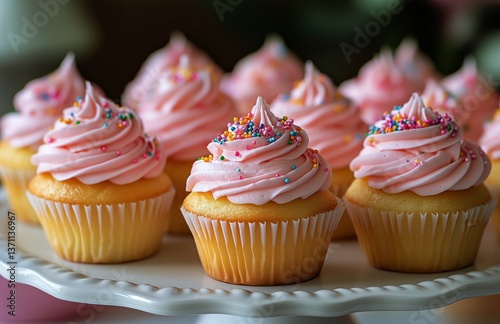 Colorful Cupcakes With Pink Frosting and Sprinkles on Display in a Bright Set...