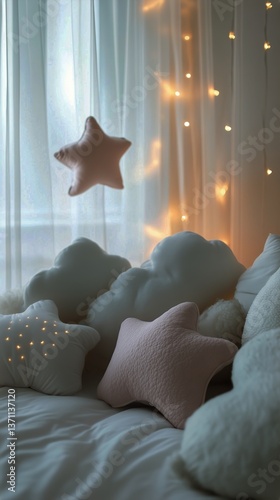 Cozy Bedroom With Star-Shaped Pillows and Warm String Lights Creating a Relax...