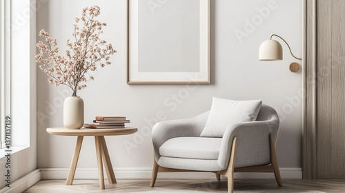 Stylish composition of living room interior with mock up poster frame  round table  gray armchair  beige lamp  books  modern vase with flowers and personal accessories. Home decor. Template.