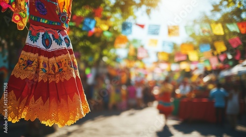 People walking down street with colorful flags hanging from the trees. A neighborhood block party is being held in honor of hispanic heritage. A community of ai community created a lifestyle month. photo