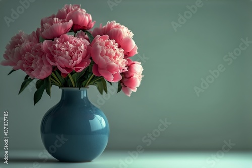 Wallpaper Mural Beautiful Pink Peonies Arranged in a Teal Vase on a Light Background Torontodigital.ca