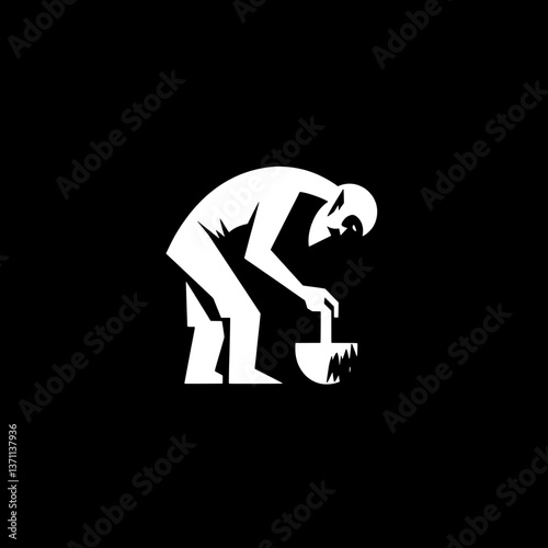 Minimalist black and white logo featuring a crouching figure engaged in a creative activity