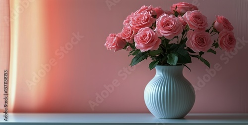 Beautiful Bouquet of Pink Roses in a White Vase on a Shelf With Soft Lighting