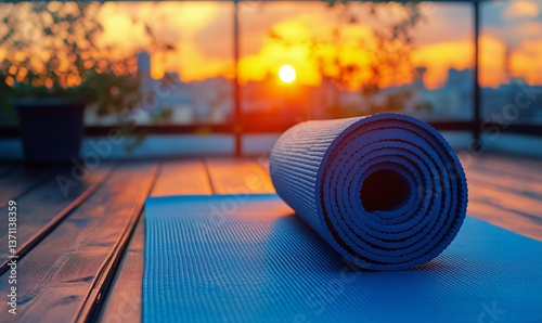 Yoga Mat Placed Against a Stunning Sunset With City Skyline in the Background