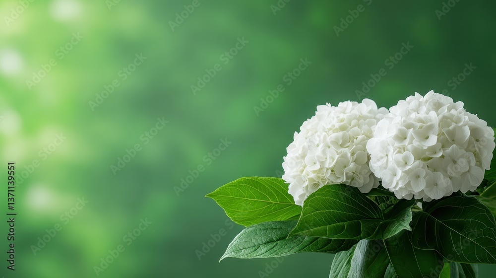 A pair of exquisite white hydrangea blossoms gracefully arranged amidst vibrant green leaves, symbolizing purity and the invigorating essence of life in nature's embrace. A pair of exquisite white hydrangea blossoms gracefully arranged amidst vibrant green leaves, symbolizing purity and the invigorating essence of life in nature's embrace.