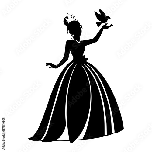 Elegant Princess Silhouette with Bird - Graphic Design Element