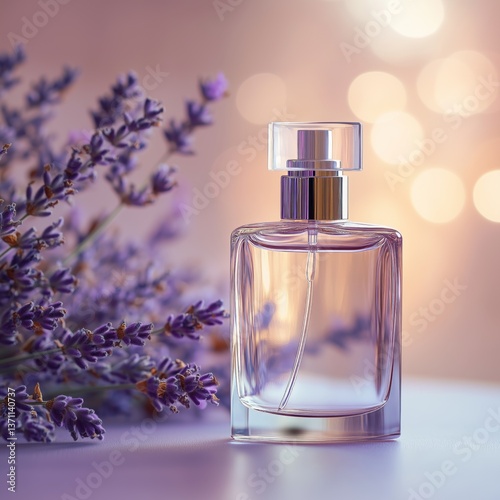 A perfume bottle in a minimalist style, with a blurred lavender background behind.