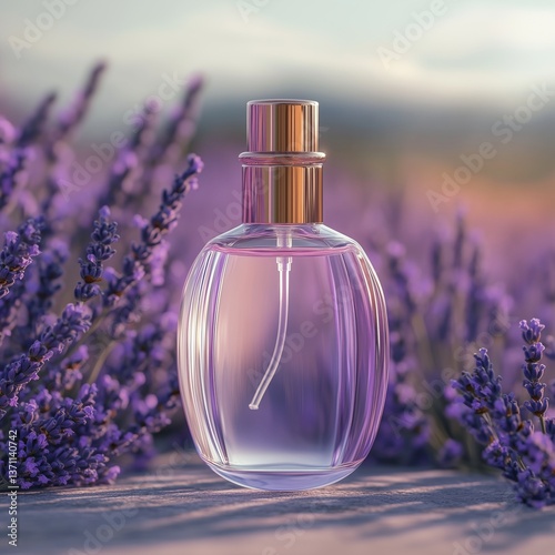 A perfume bottle in a minimalist style, with a blurred lavender background behind.