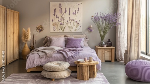 Wall decoration in light lavender shades, textiles in lilac tones, wooden furniture and illustrations of lavender flowers on the walls. 