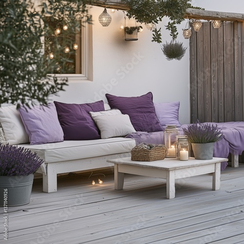 Wooden furniture in white or natural shades, textiles in lilac colors, live lavender in flowerpots and light lighting in the form of garlands.