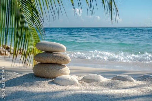 Tropical beach meditation white sand turquoise waters and palm fronds