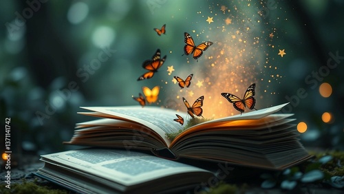 Open magic book with growing lights magic powder butterflies Magic book of elves in the fairy forest