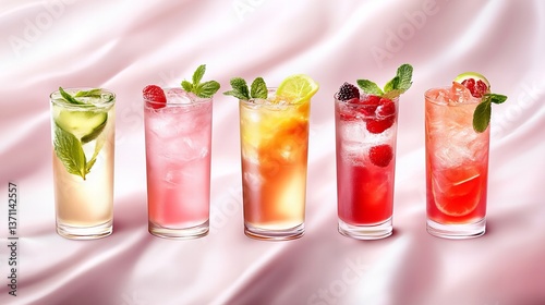 Wallpaper Mural Assorted colorful cocktails sit garnished with fruit and herbs on a light pink satin surface. Torontodigital.ca