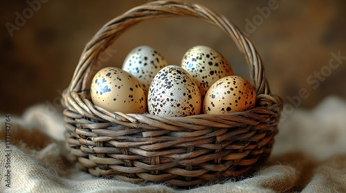 Five speckled eggs reside in a woven rustic basket