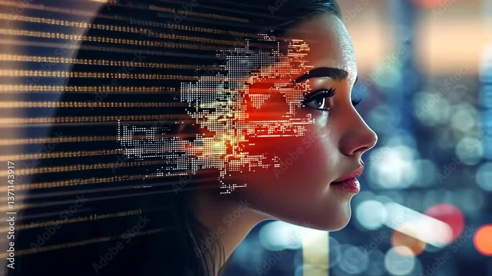 Woman's Profile with Digital Code Overlay Against a City Lights Background Woman's Profile with Digital Code Overlay Against a City Lights Background