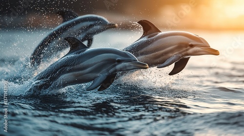 A playful group of dolphins, leaping joyfully through the turquoise waves, their sleek bodies glistening under the bright tropical sun. 
