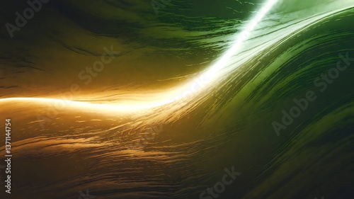 Abstract background with flowing light streaks and blending green and gold color gradients