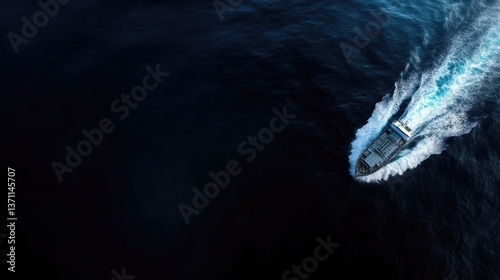 Dark water, swift vessel. High-angle view of a small boat cutting through the inky blackness of the deep ocean.  A trail of foamy spray marks its passage