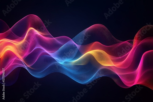 An abstract interpretation of sound waves with flowing, colorful lines that ripple across a dark background, creating a sense of motion and energy