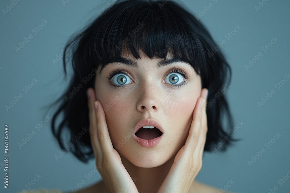 Young woman with short black hair looks shocked with wide eyes and open mouth. Studio portrait against a muted blue background. Young woman with short black hair looks shocked with wide eyes and open mouth. Studio portrait against a muted blue background.