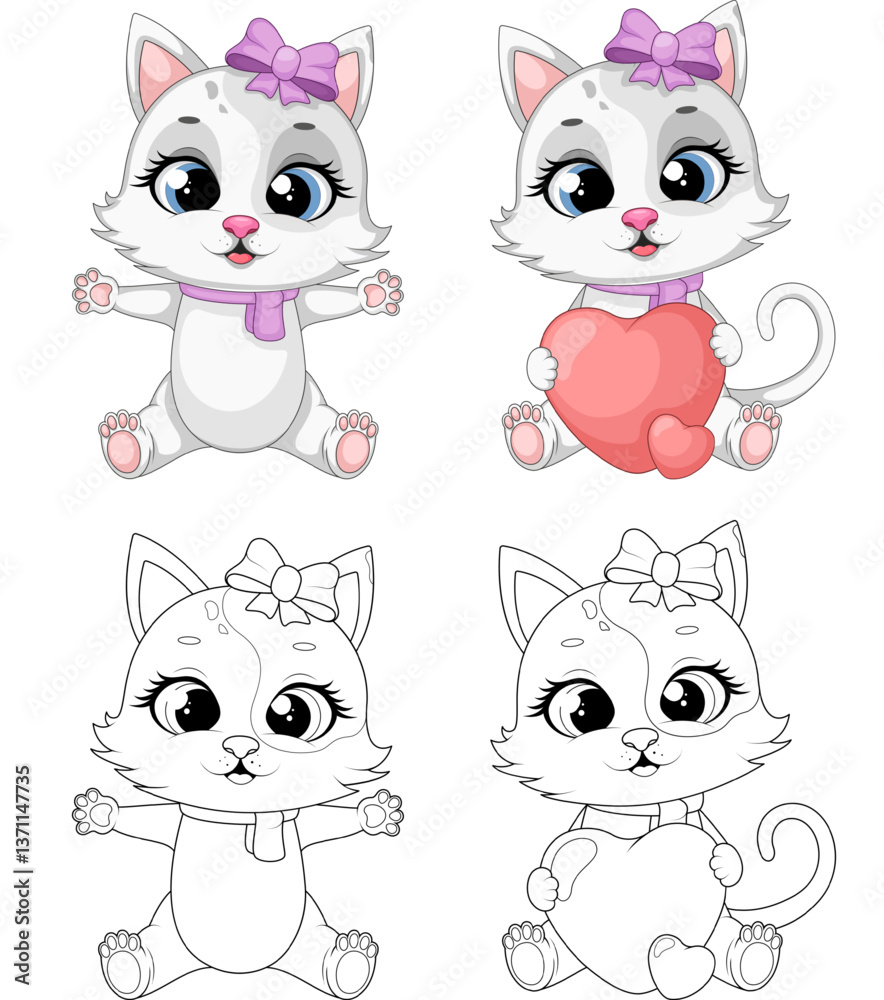 Color and black-and-white illustrations of a cheerful cat. A set of 4 images Color and black-and-white illustrations of a cheerful cat. A set of 4 images