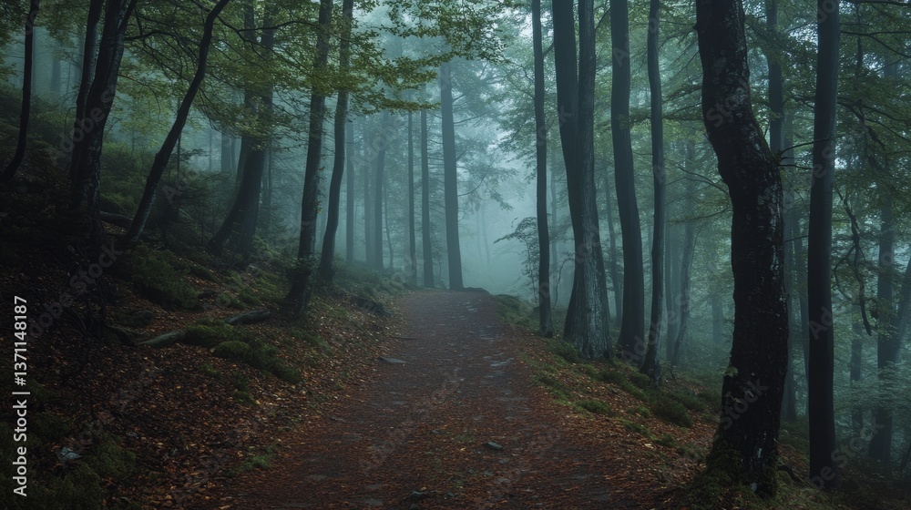 Obraz premium Foggy forest path beckons into the unknown.