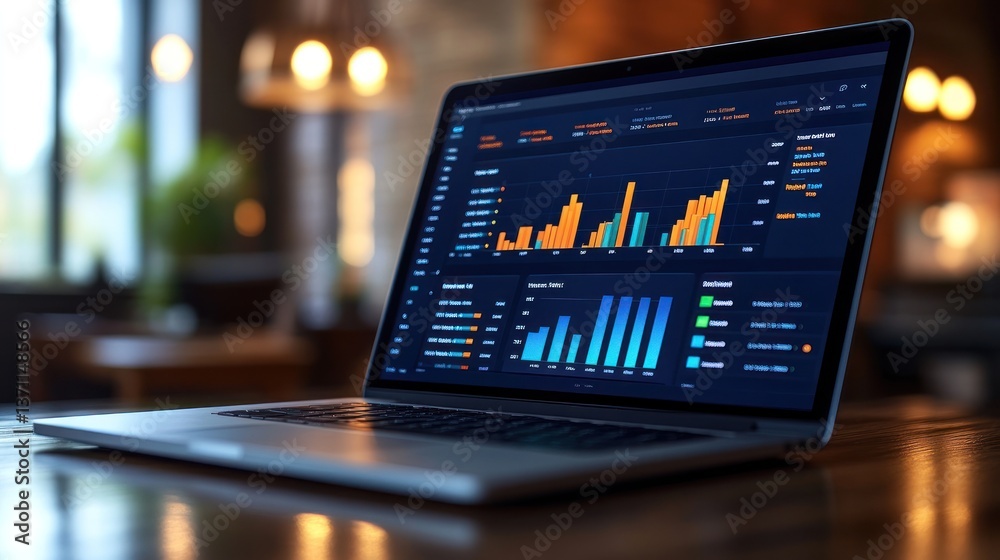 Financial Data Analysis on Laptop Screen in Cozy Cafe Financial Data Analysis on Laptop Screen in Cozy Cafe