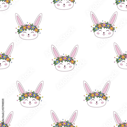 Seamless pattern of cute Easter bunny faces with floral crowns on a white background. A vector digital illustration, perfect for spring, fabric, wrapping paper, and greeting cards. EPS 10