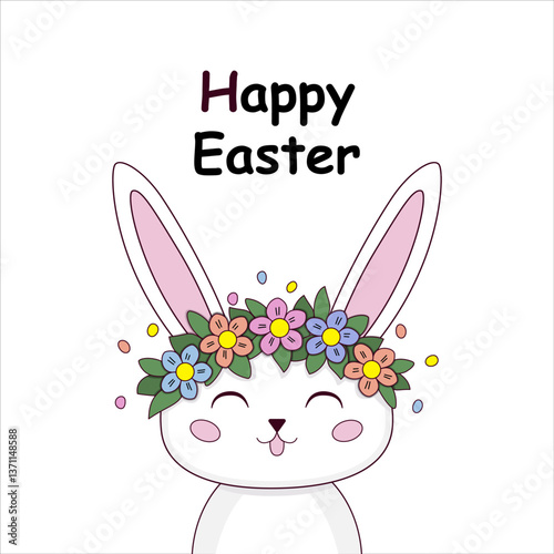 Vector Easter illustration of a cute bunny with a flower crown in pink, blue, and orange, with ‘Happy Easter’ text. Perfect for cards, nursery decor, stickers, or holiday graphics. EPS 10