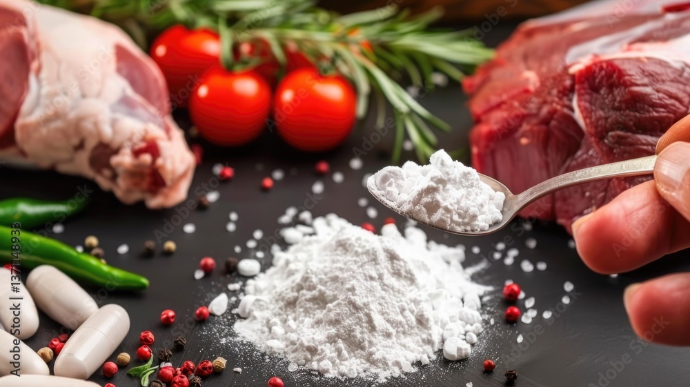 Fototapeta premium Fresh ingredients and spices for culinary delights with raw meat, tomatoes, and seasoning