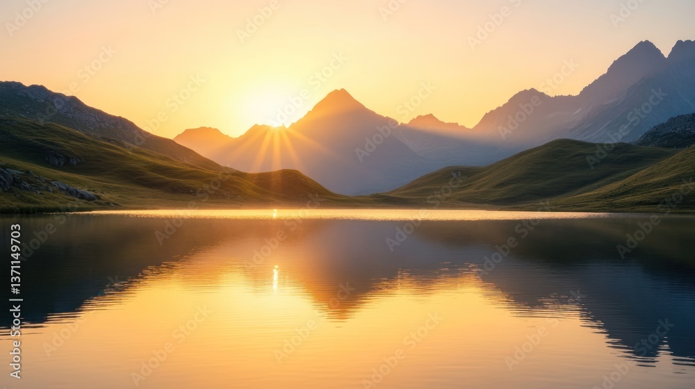 Obraz premium Reflective Lake at Sunrise with Mountain Views and Golden Light