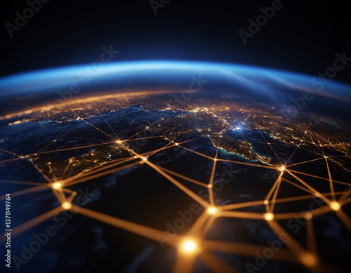 A scheme of many computers interconnected, a global network, connection points.