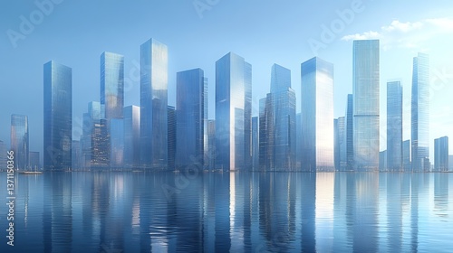 Modern Architecture and Urban Skyline: Captivating Cityscape of Glass Skyscrapers Reflecting in Tranquil Waterfront – Iconic Metropolis with Future City Design