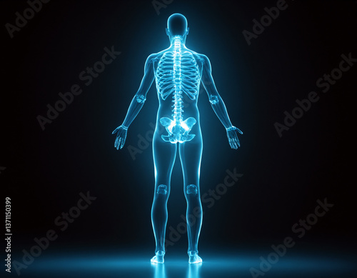 A hologram of a full -length person with a luminous spine.