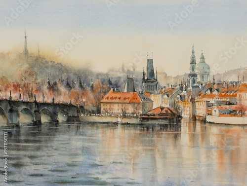 Original watercolors painting of Prague Castle, St. Vitus Cathedral and Vltava River in foreground, Bohemia, Czech Republic