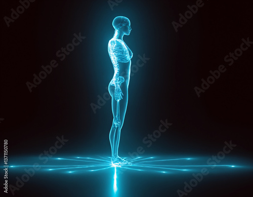 A hologram of a full -length person with a luminous spine.