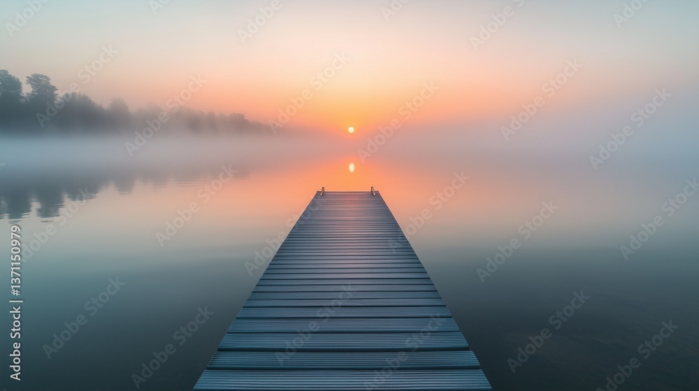 Naklejka premium Sunset on wooden dock in lake. A foggy lake with fog and a dock. Nature relaxes in the calm waters. Twilight over a wooden pier on a lifestyle lake.