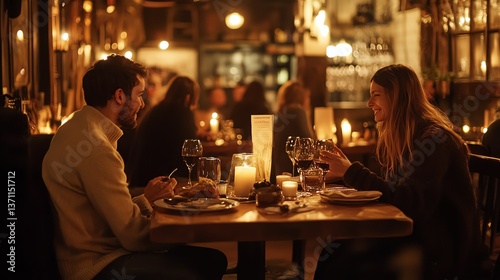 A couple enjoys a romantic dinner in a dimly lit restaurant.
