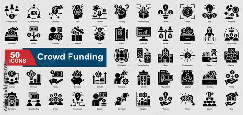 Crowd Funding Icon Collection Set. Donation, Funding, Investor, Revenue, Capital, Savings, cash icon. Glyph Style Ilustration