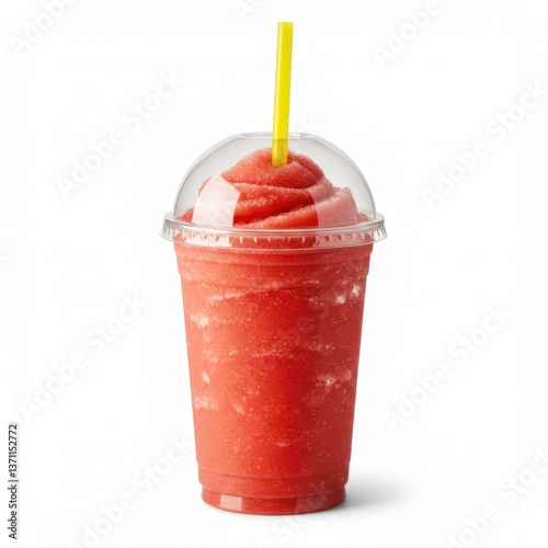Frozen strawberry slush drink with vibrant red color and yellow straw in a clear plastic cup isolated on white background