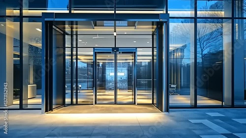 Modern glass entrance of a corporate building at dusk