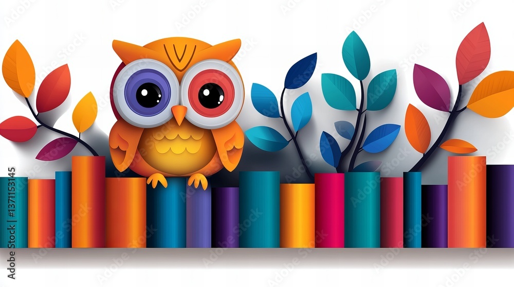 Cartoon owl perches atop colorful cylindrical blocks beside decorative leaf sprigs against a bright white background.