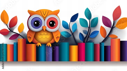 Obraz na płótnie Cartoon owl perches atop colorful cylindrical blocks beside decorative leaf sprigs against a bright white background. w salonie